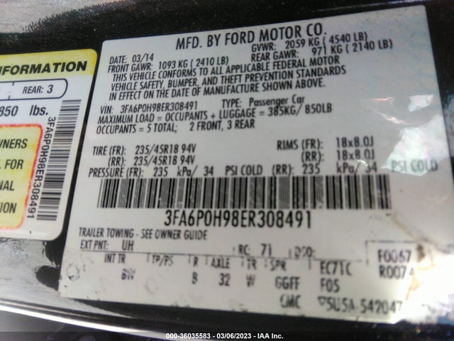 Ford FUSION SE 2014 3FA6P0H98ER308491 Image 10