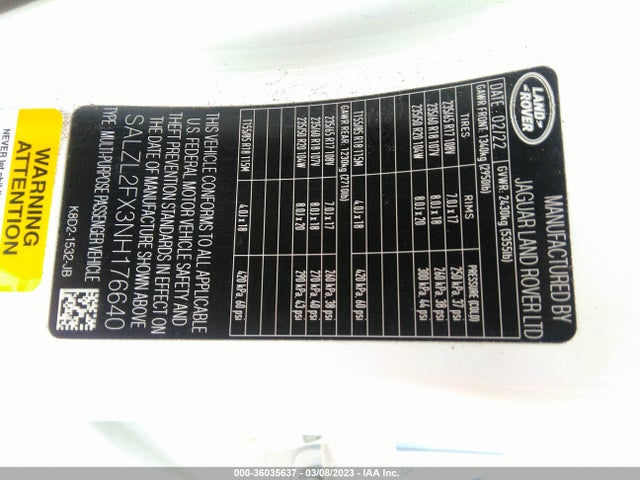 2022 LAND ROVER RANGE ROVER EVOQUE R-DYNAMIC SE VIN: SALZL2FX3NH176640