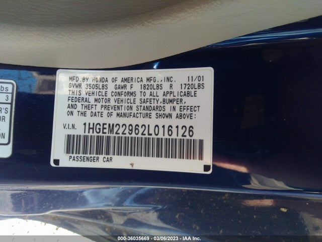 2002 HONDA CIVIC EX VIN: 1HGEM22962L016126
