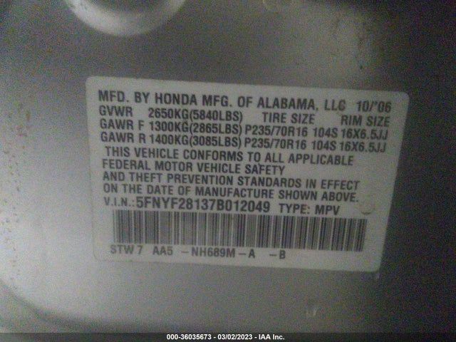 2007 HONDA PILOT LX VIN: 5FNYF28137B012049