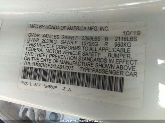 2020 HONDA ACCORD SEDAN SPORT VIN: 1HGCV1F34LA012075