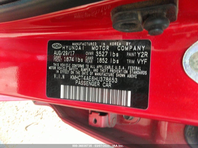 2017 HYUNDAI ACCENT SE VIN: KMHCT4AE6HU378653