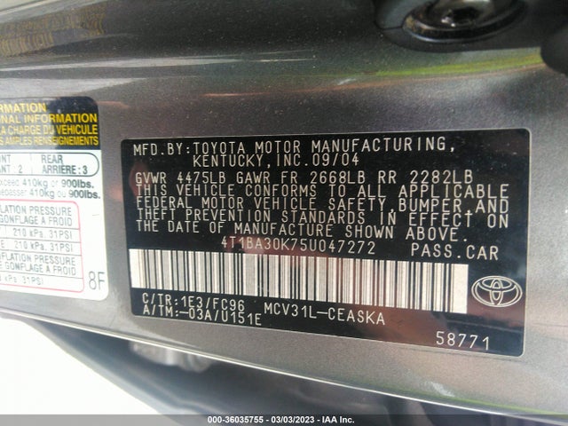 2005 TOYOTA CAMRY SE VIN: 4T1BA30K75U047272