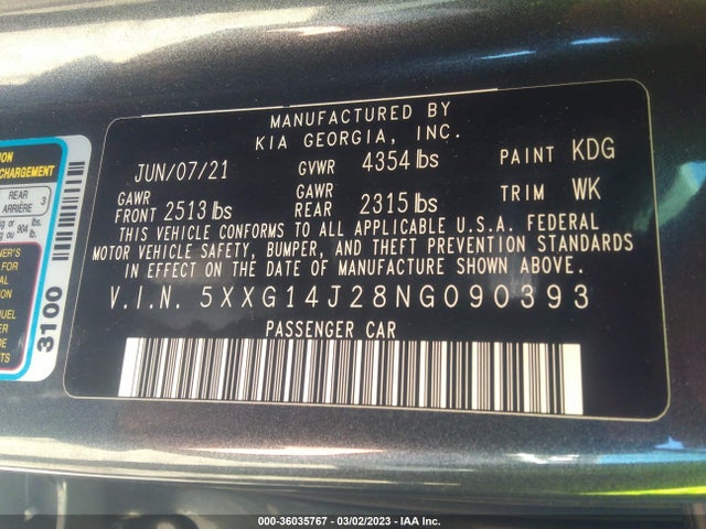 2022 Kia K5, VIN: 5XXG14J28NG090393