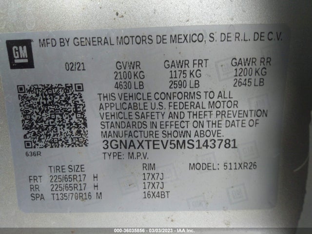 Chevrolet EQUINOX LT 2021 3GNAXTEV5MS143781 Image 9