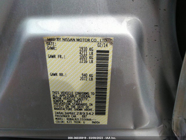 2014 NISSAN ALTIMA 2.5 VIN: 1N4AL3AP6EC289342