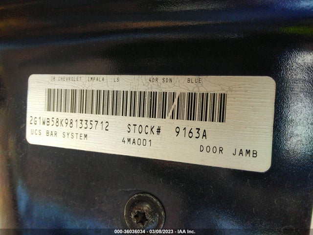 2008 CHEVROLET IMPALA LS VIN: 2G1WB58K981335712