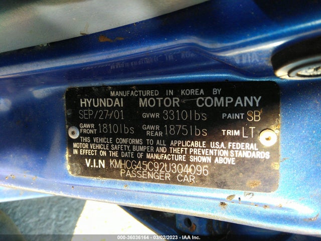 2002 HYUNDAI ACCENT GL VIN: KMHCG45C92U304096