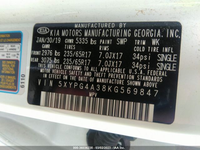 5XYPG4A38KG569847 KIA SORENTO LX