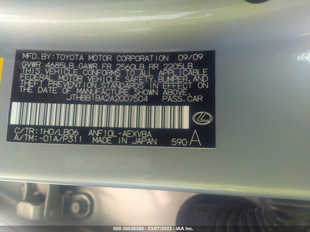 Lexus HS 250H 2010 JTHBB1BA2A2007504 Image 11