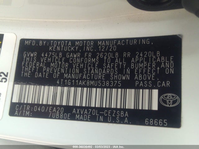 2021 Toyota Camry, VIN: 4T1G11AK8MU538375