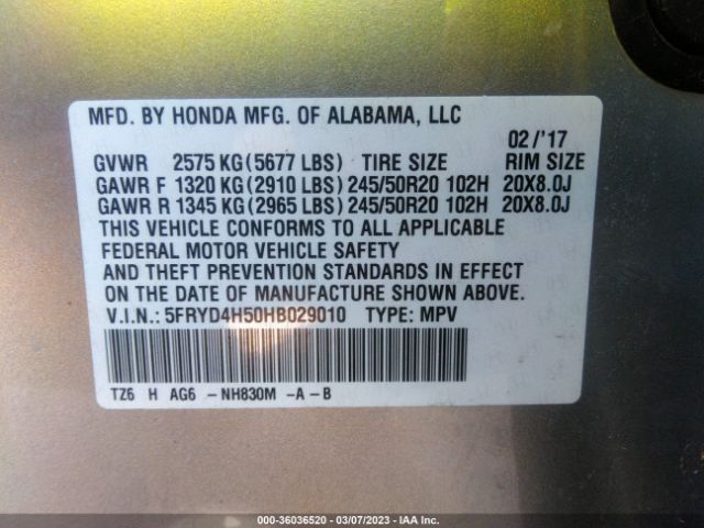 5FRYD4H50HB029010 Acura Mdx W/technology Pkg
