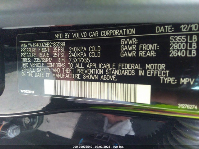 Volvo Xc60 3.2l 2011 YV4940DZ8B2185598 Image 10
