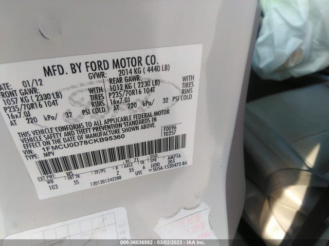 2012 FORD ESCAPE XLT VIN: 1FMCU0D78CKB95360