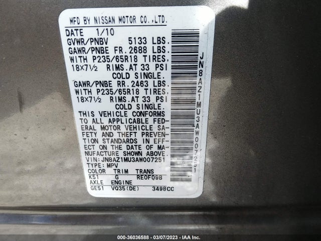 2010 NISSAN MURANO S VIN: JN8AZ1MU3AW007251