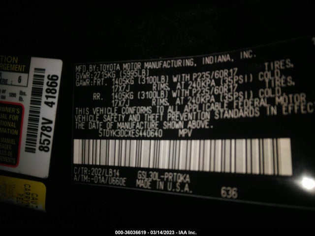 Toyota SIENNA XLE 2014 5TDYK3DCXES440640 Image 9