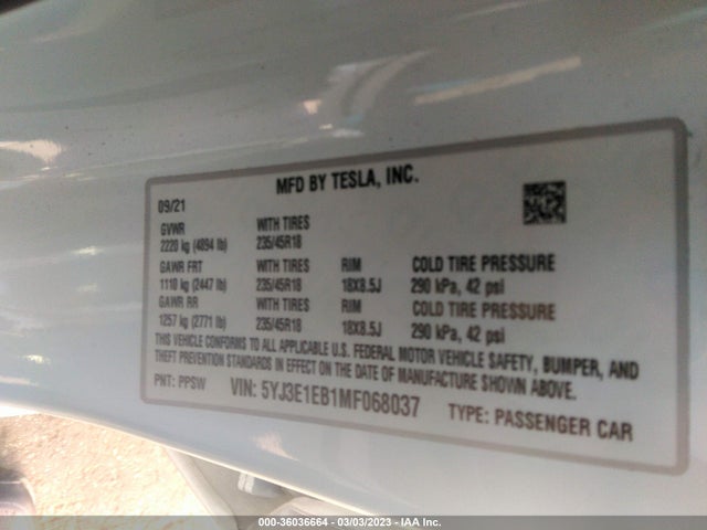 Tesla Model 3 Long Range 2021 5YJ3E1EB1MF068037 Image 9