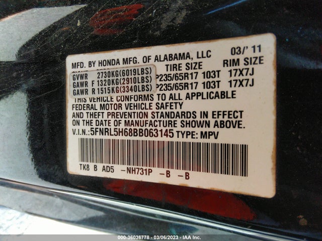 2011 HONDA ODYSSEY EX-L VIN: 5FNRL5H68BB063145