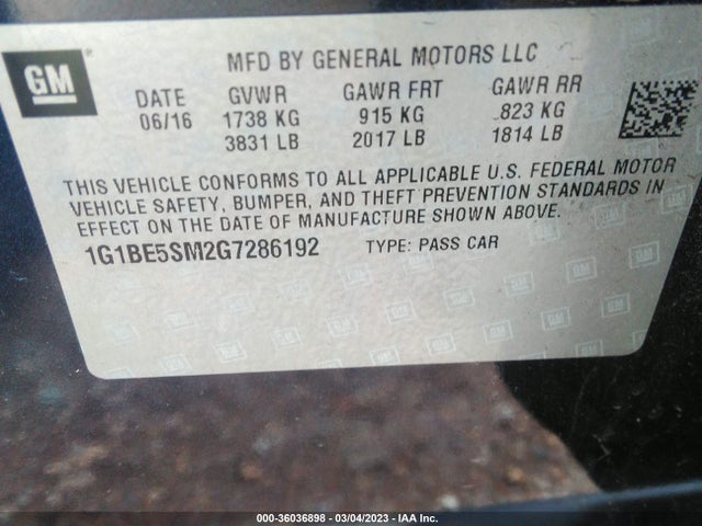Chevrolet CRUZE LT 2016 1G1BE5SM2G7286192 Image 9
