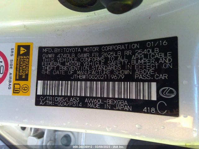 JTHBW1GG2G2119679 Lexus Es 300h Hybrid