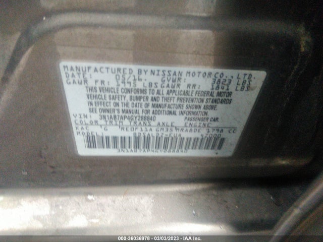 2016 NISSAN SENTRA SR/SL/S/SV/FE+ S VIN: 3N1AB7AP4GY288840
