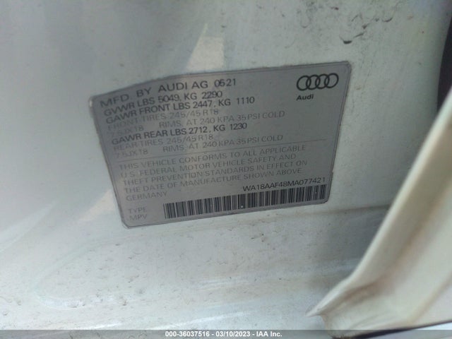 2021 Audi A4, VIN: WA18AAF48MA077421