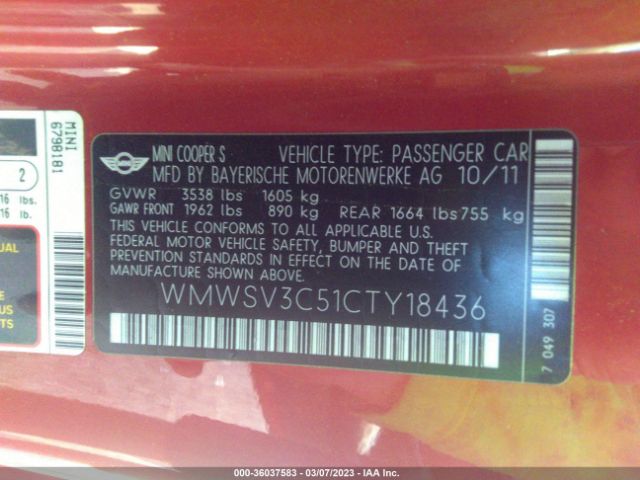 WMWSV3C51CTY18436 Mini Cooper Hardtop S