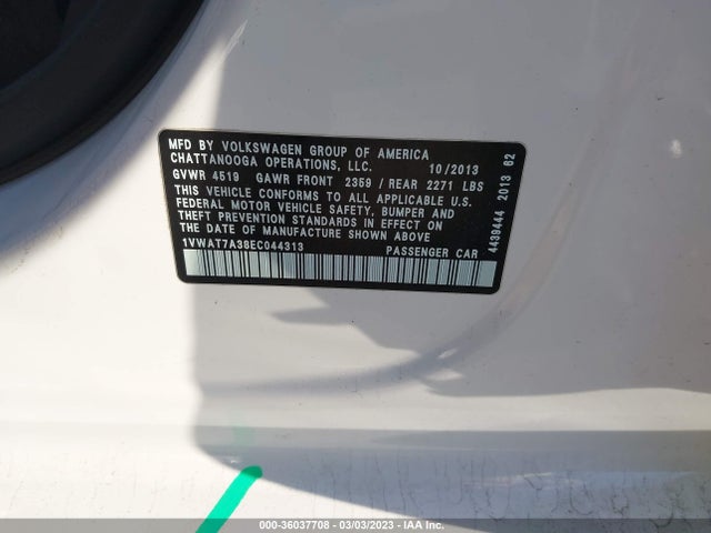 2014 VOLKSWAGEN PASSAT S VIN: 1VWAT7A38EC044313