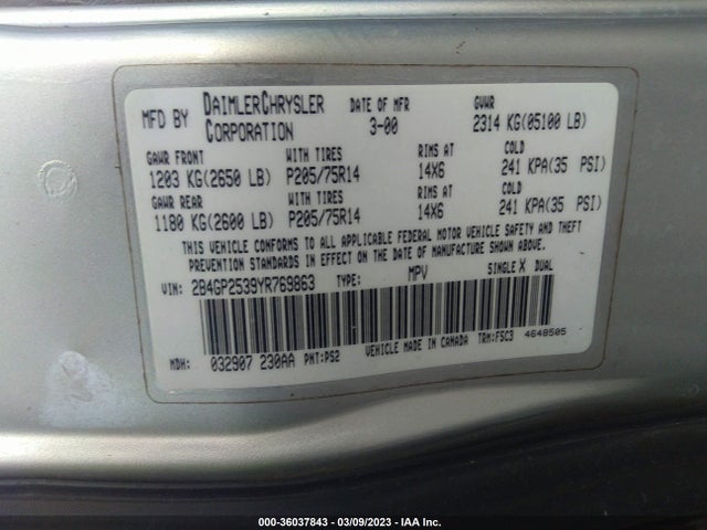 Dodge Caravan Base 2000 2B4GP2539YR769863 Image 11