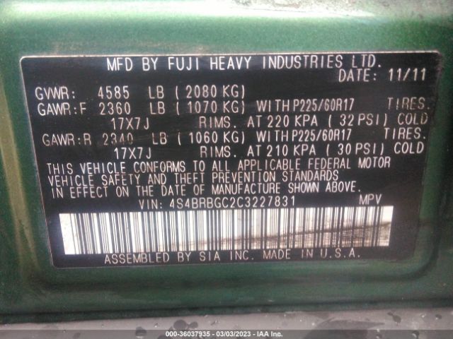 4S4BRBGC2C3227831 Subaru Outback 2.5i Prem