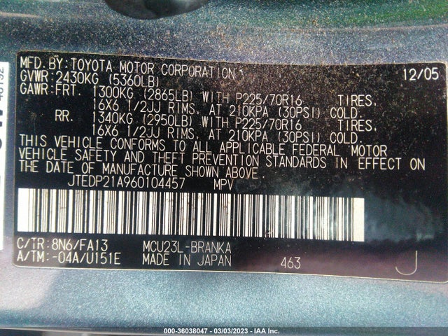 2006 TOYOTA HIGHLANDER W/3RD ROW/LIMITED W VIN: JTEDP21A960104457