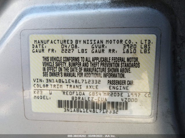 2008 NISSAN SENTRA 2.0 S VIN: 3N1AB61E48L712332