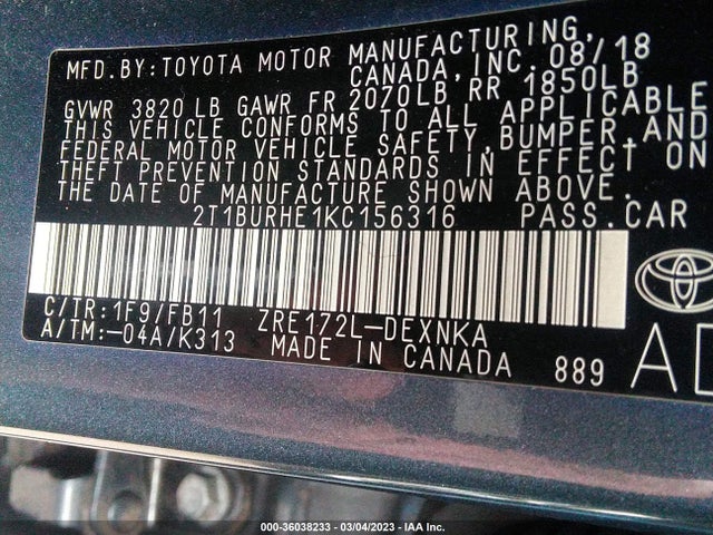 2019 TOYOTA COROLLA L/LE/SE/XLE/XSE VIN: 2T1BURHE1KC156316