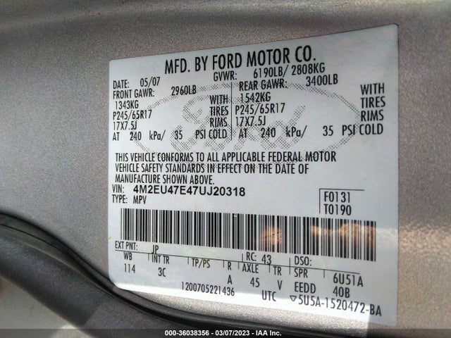 2007 MERCURY MOUNTAINEER VIN: 4M2EU47E47UJ20318