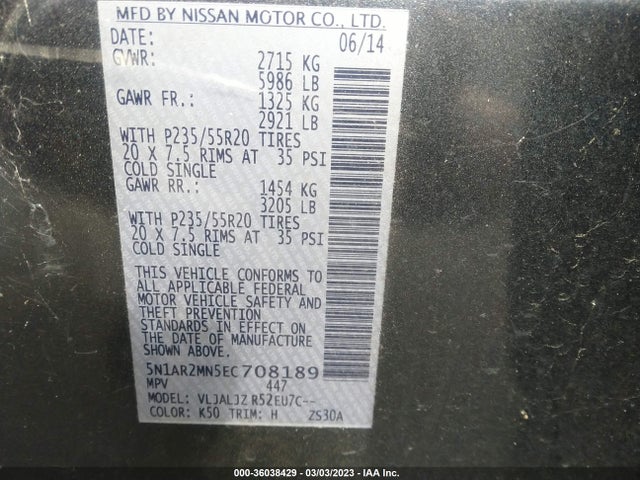Nissan Pathfinder Platinum 2014 5N1AR2MN5EC708189 Image 10