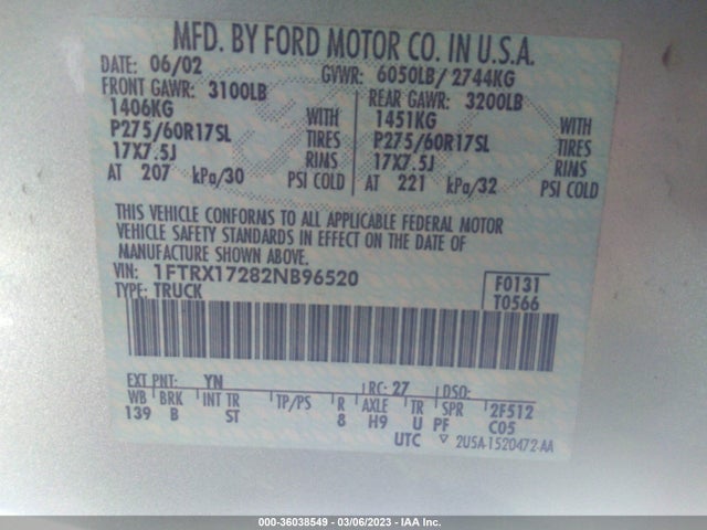 2002 FORD F-150 XL/XLT VIN: 1FTRX17282NB96520