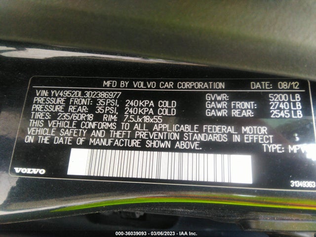 2013 VOLVO XC60 3.2L VIN: YV4952DL3D2386977