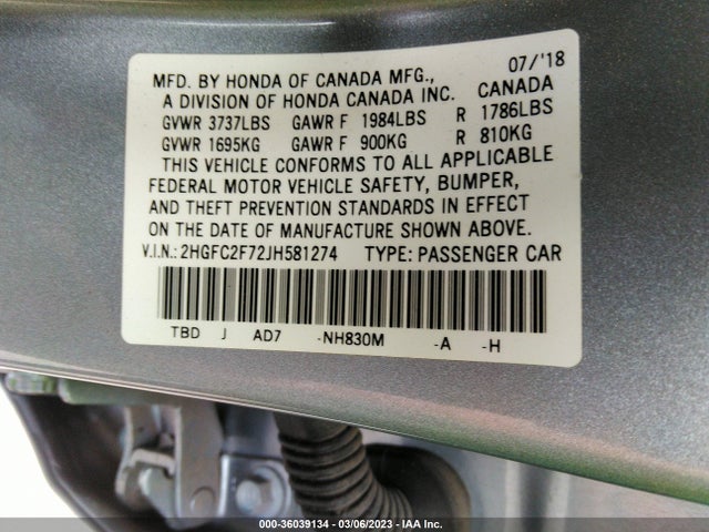 Honda Civic Sedan Ex 2018 2HGFC2F72JH581274 Image 9