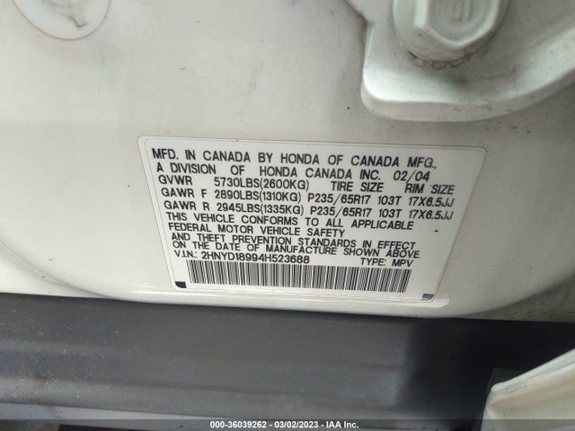 Aukcja sprzedaży 2004 Acura Mdx Touring Pkg Res W/nav, vin: 2HNYD18994H523688, numer aukcji: 36039262