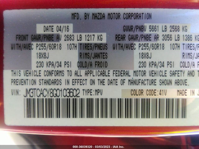 2016 Mazda CX-9, VIN: JM3TCACY8G0103602