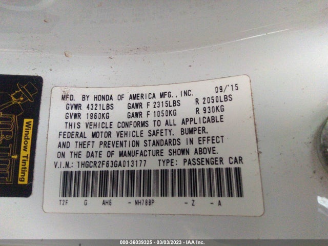 2016 HONDA ACCORD SEDAN SPORT VIN: 1HGCR2F63GA013177