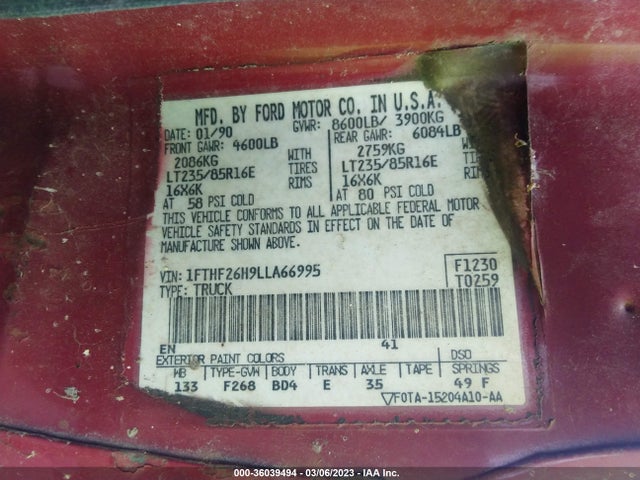 1990 FORD F250 VIN: 1FTHF26H9LLA66995