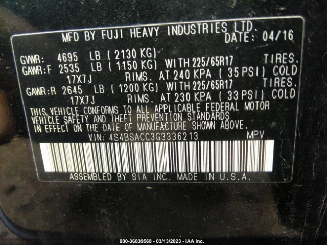 4S4BSACC3G3336213 Subaru Outback 2.5i Premium