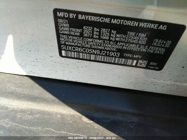 2022 BMW X5, VIN: 5UXCR6C05N9J21903