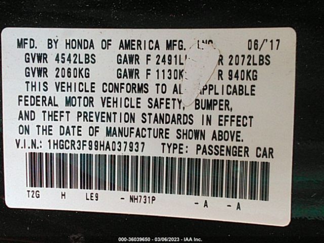 1HGCR3F99HA037937 Honda Accord Sedan Touring