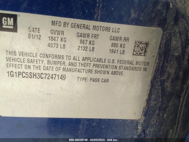 Chevrolet CRUZE LS 2012 1G1PC5SH3C7247149 Image 11