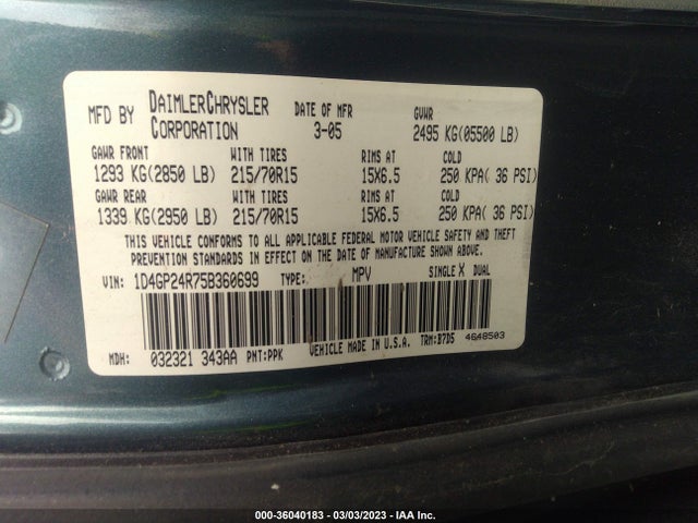2005 DODGE GRAND CARAVAN SE VIN: 1D4GP24R75B360699
