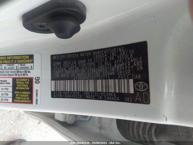 2016 TOYOTA COROLLA L/LE/S/S PLUS/LE PLUS VIN: 2T1BURHE3GC703772