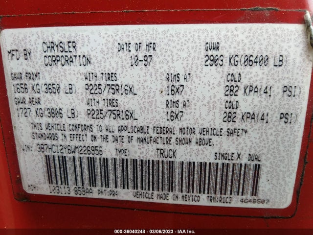 Dodge RAM 1500 1998 3B7HC12Y6WM226956 Image 10