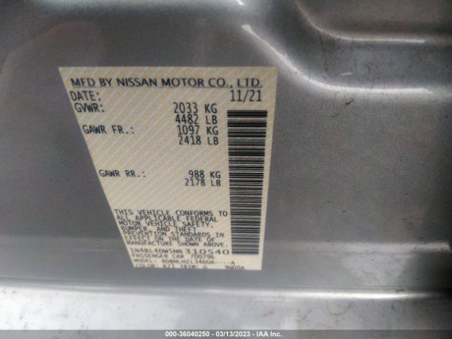 1N4BL4DW5NN310540 Nissan Altima 2.5 Sv